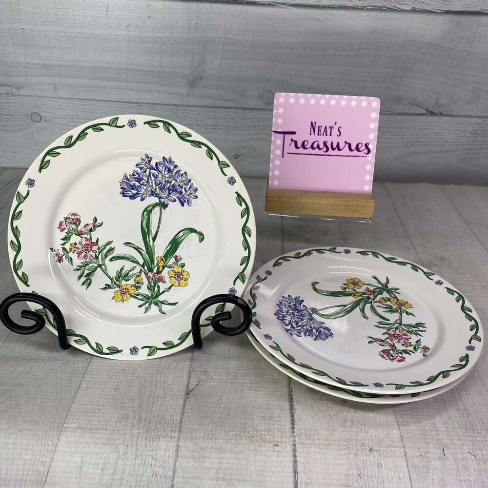 International Tableworks TERRACE BLOSSOMS Floral Stoneware Salad Plates Set 3